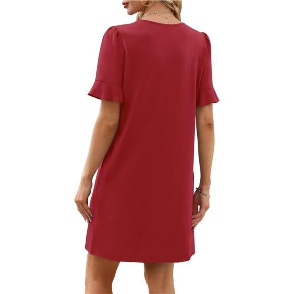 Women's Ruffle Sleeve Dress - V-Neck Summer Shift Dress with Pockets - Picture 5 of 6